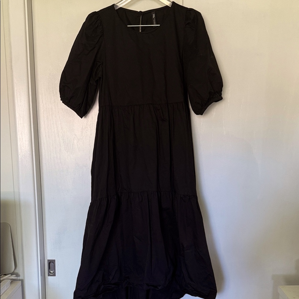 Zara Black Puff Sleeve 100% Cotton Tiered Maxi Dress